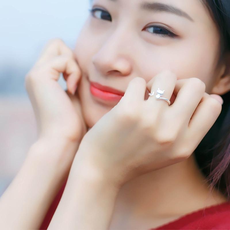 Adjustable Open Rings for Women Lovely Cat Long Tail Finger Rings Knitting Crocheting Joint Rings Jewelry Accessories