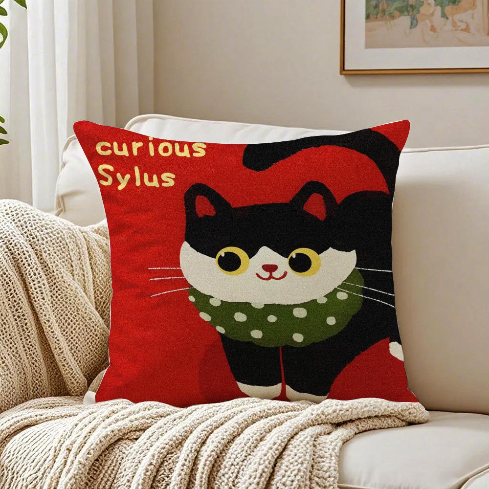 Cartoon Christmas Gift Cute Cat Cushion Cover Linen Pillowcase Soft  for Sofa Bed Home Room Decor