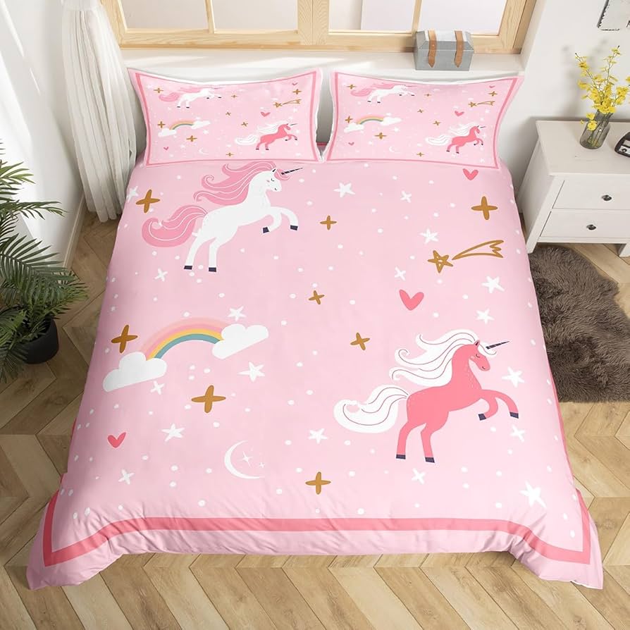 Comforter Kawaii Cartoon Unicorn Girly Fantasy Star Moon Galaxy Bedding Set Twin Queen Size Microfiber Comforter