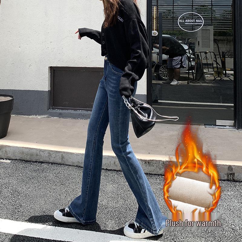 Hong Kong Style Velvet Flare Jeans - Women's Winter 2025 Retro Slim Fit Bell Bottoms
