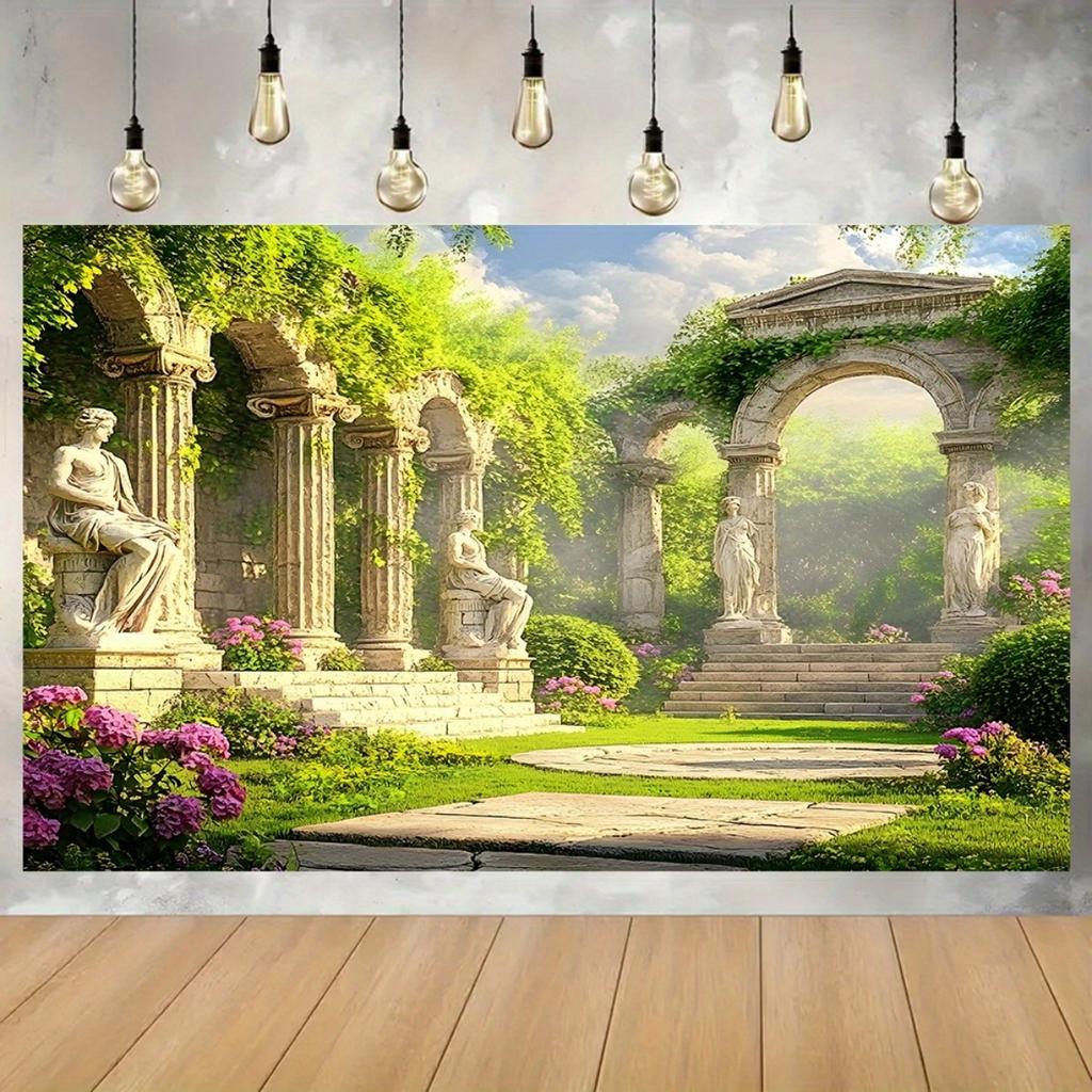 2D flaches Banner, 1 Stück, Banner mit mythischem griechischem Tempel-Hintergrund - Großformatige Polyester-Wanddekoration