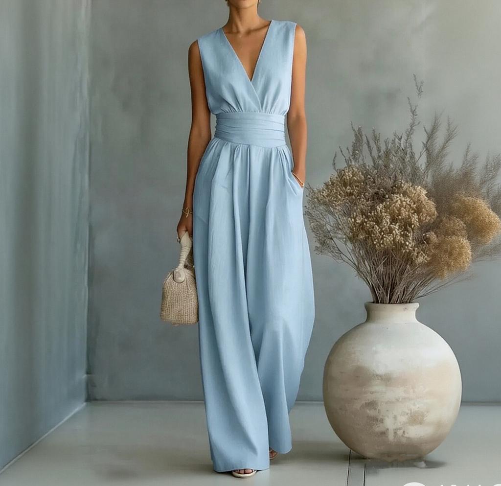 Women's Wide-leg Elegant Waist-cinching V-neck Jumpsuit