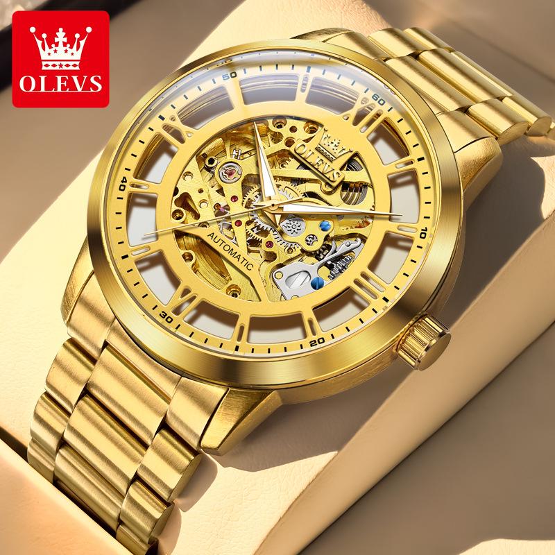 OLEVS Mens Watch Skeleton Automatic Mechanical Watch Stainless Steel Luminous Watches For Man Original Luxury Business Gifts