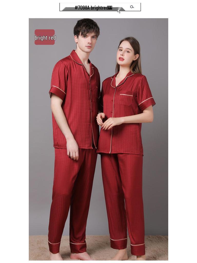 2022 Summer Ice Silk Couple Pajamas Set - Short Sleeve & Long Pants for Men & Women