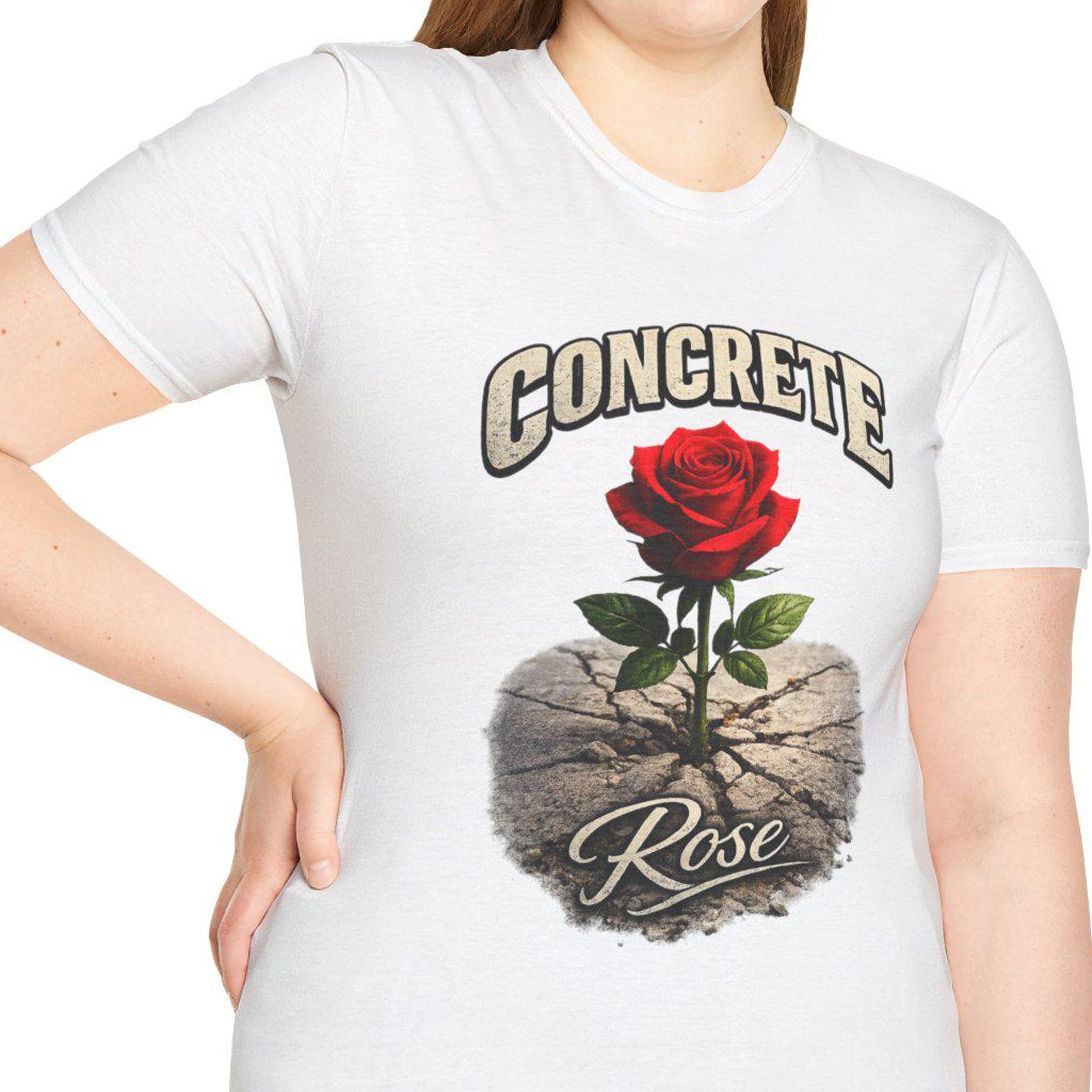Concrete Rose T-Shirt | Red Rose Growing Through Cracked Graphic Tee XL