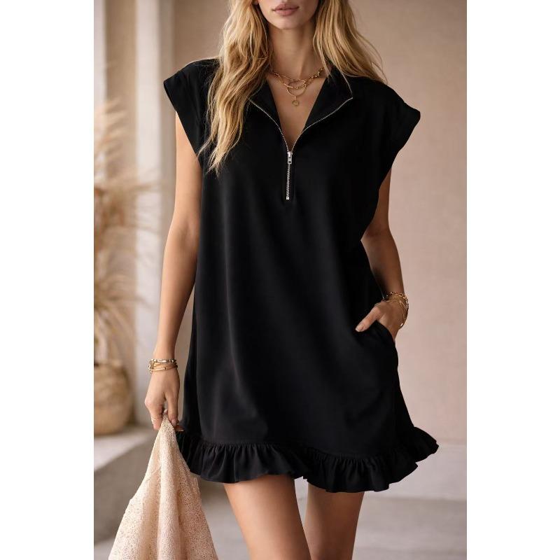New Sleeveless Double-Pocket Dress with Zipper V-Neck and Ruffled A-Line Skirt for Women