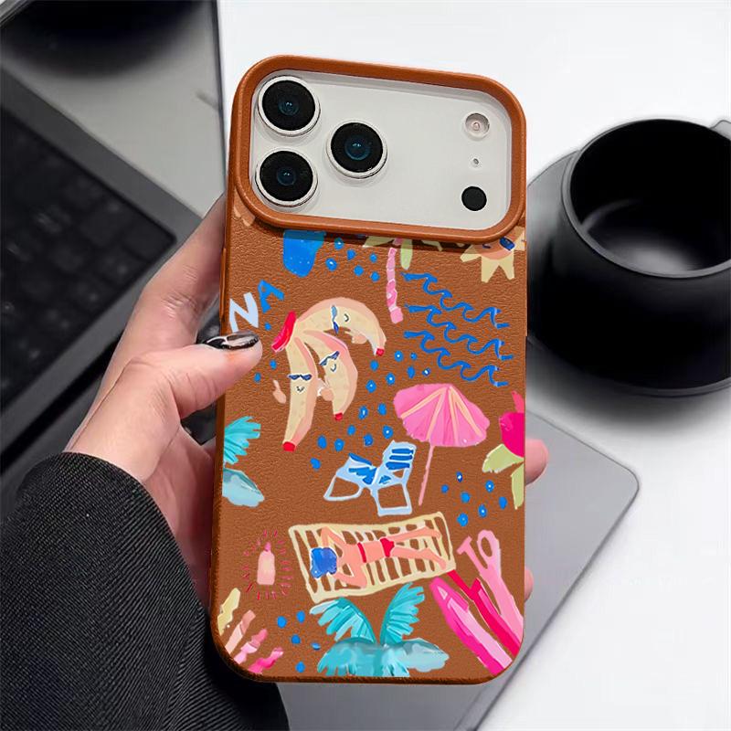 For iPhone 17 Pro Max Case Luxury Cartoon Vacation Painting Leather Texture Silicone Cover For iPhone 16 Pro Max 15 14 13 12 11 16E Air