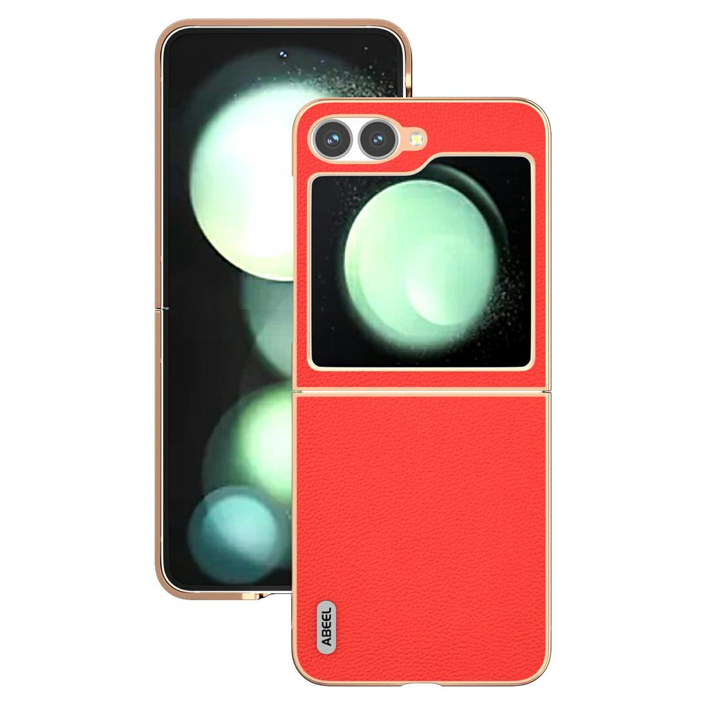 ABEEL For Samsung Galaxy Z Flip7 FE 5G/Z Flip6 5G Case Electroplating Edge Genuine Cow Leather Coated PC Phone Cover