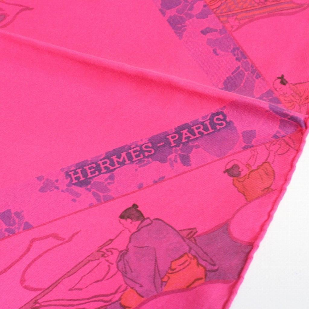 [USED]HERMES Carre 90 Silk Pawn Scarf, "Hermes Craftsmen," Dip-dyed, Pink, 100% [Ioki Shop]