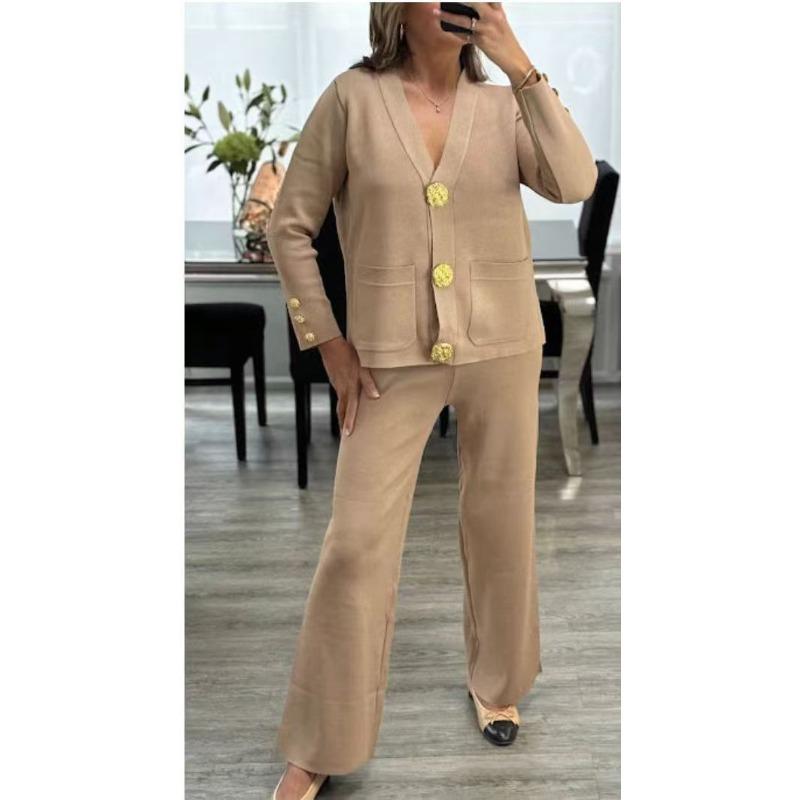 JKASHDK Women's Fashion Casual Spring Autumn Solid Color Print Long Sleeve V-Neck Trousers Pants Suits