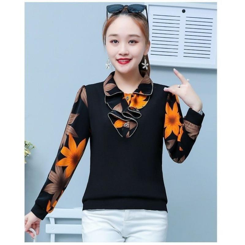 Spring and Autumn New Women's Lapel Loose T-shirt Women's Fashionable Mom Long-Sleeved Thin Style Bottoming Shirt