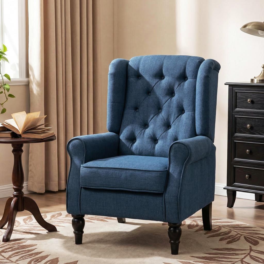 Eleganter Ohrensessel, Dick gepolstert, Abnehmbarer Bezug, 74 x 86 x 102 cm, Blau
