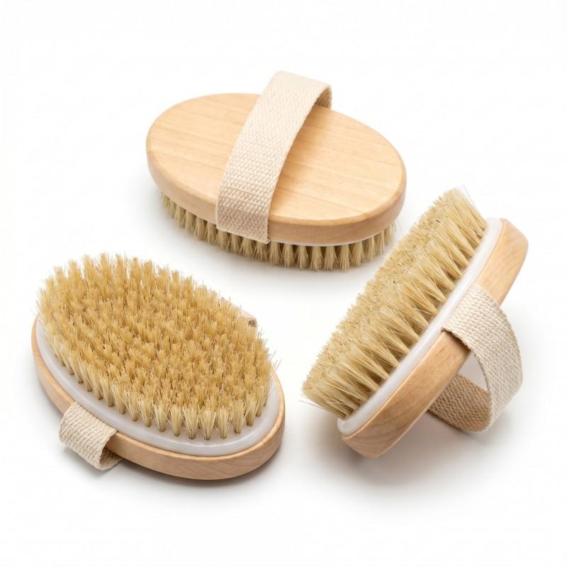 Natural Bristle Body Brush Exfoliation Massage - Palm-Sized Handheld Shower Scrubber Dry Brushing Bath Use