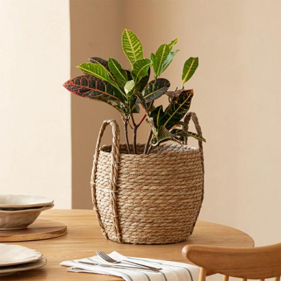 Round Wicker Planter Basket with Handles Indoor Outdoor Plants Rattan Woven Planter Pot Home Living Room Balcony Garden Decorative Flower Pot