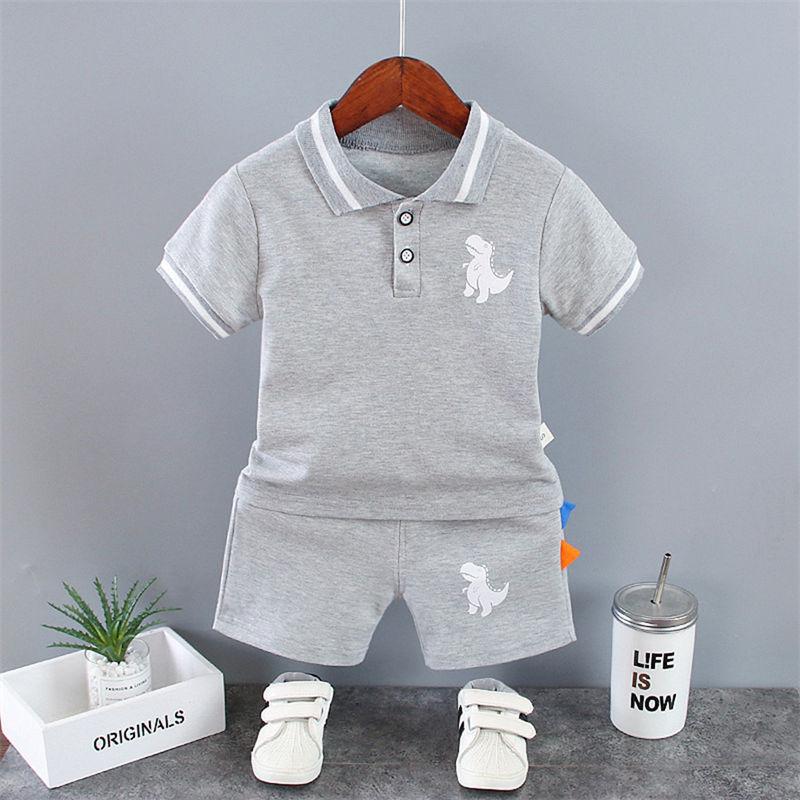 

Summer Baby Boy Casual Clothes Cartoon Dinosaur T-Shirt Short Pants 2Pcs/Set Sport Kids Lapel Suits Children 0-5 Years 120 сірий