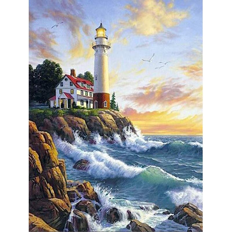 5D Diamond Painting Lighthouse Cross Stitch Kit Full Drill Round Embroidery Landscape Mosaic Picture of Rhinestones Home Decor