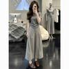 Korean Minimalist Fashion Suit Women's Solid Color Shoulder Round Neck Thin Short-sleeved T-shirt + Wide-leg Pants Pants Two-piece Set