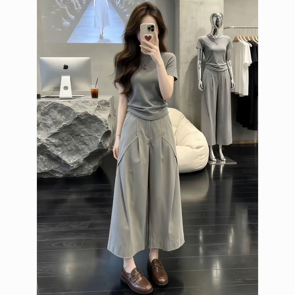 Korean Minimalist Fashion Suit Women's Solid Color Shoulder Round Neck Thin Short-sleeved T-shirt + Wide-leg Pants Pants Two-piece Set