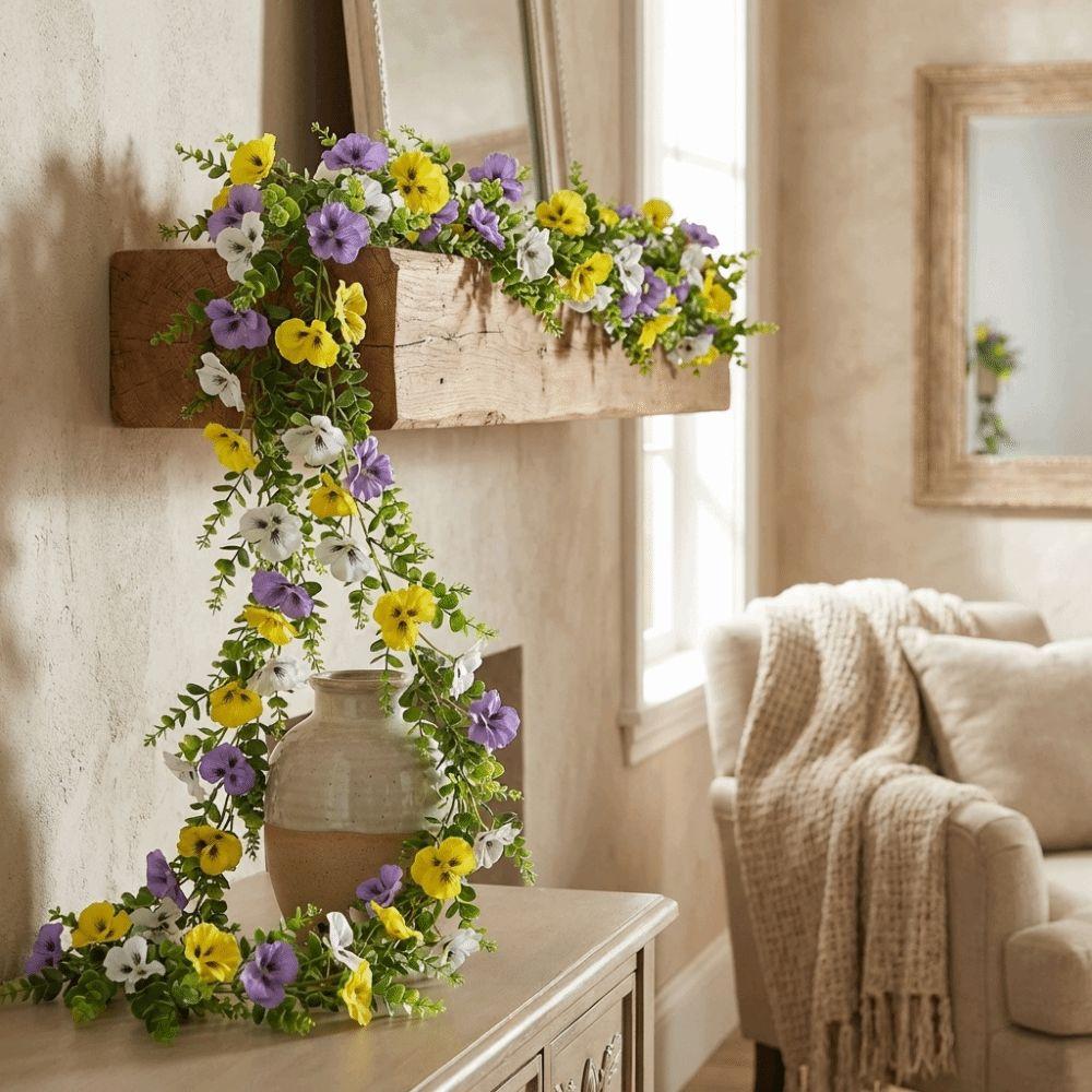 UV Resistant Artificial Pansy Vines Flexible Fake Flower Vines Eucalyptus Leaf Garland Home Mantle