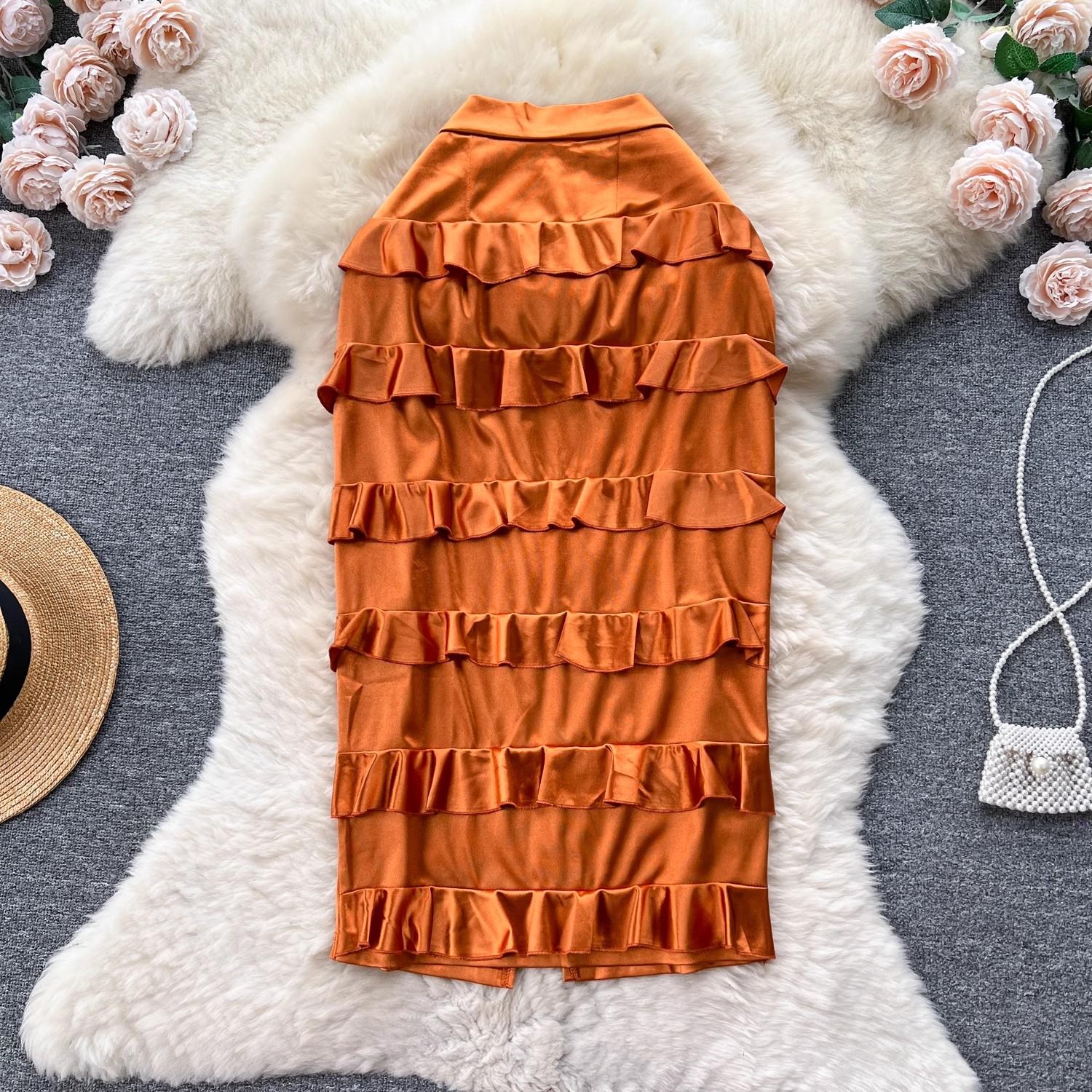 

Европейская и американская модная многослойная юбка с деревянными ушками, женская осенняя новая тонкая универсальная юбка с высокой талией, ступенчатая юбка S оранжевый