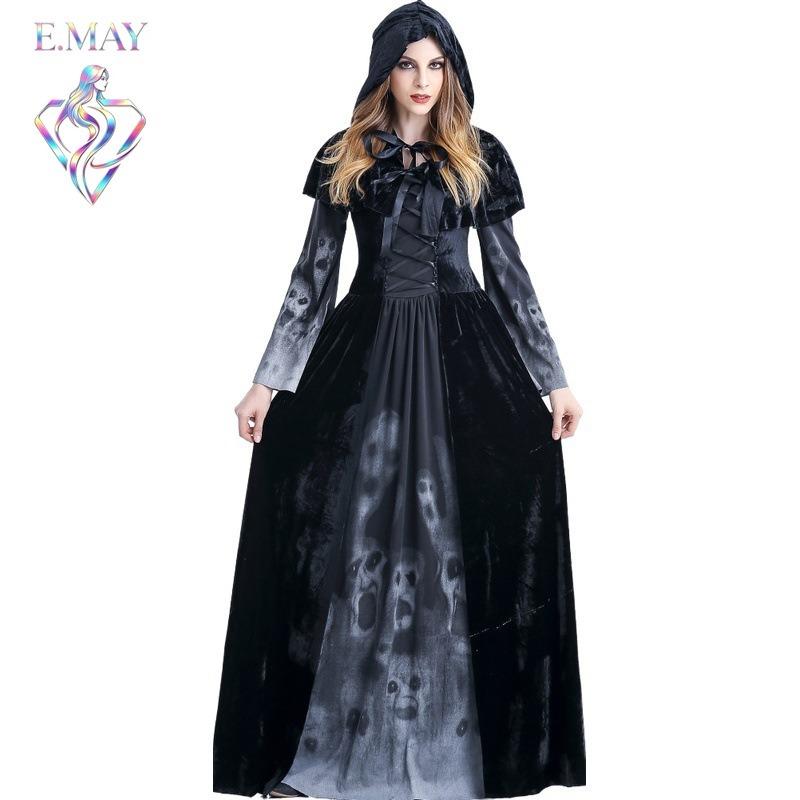 Witch clothes adult halloween cos skull print black demon witch vampire reaper dress