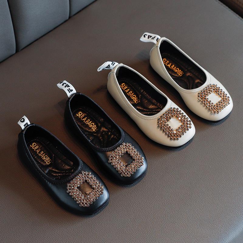 Scarpe di Pelle Chic da Bambina per Bambini Piccoli, Mocassini Slip-on Ballerine con Strass Quadrati da Principessa per Ballo