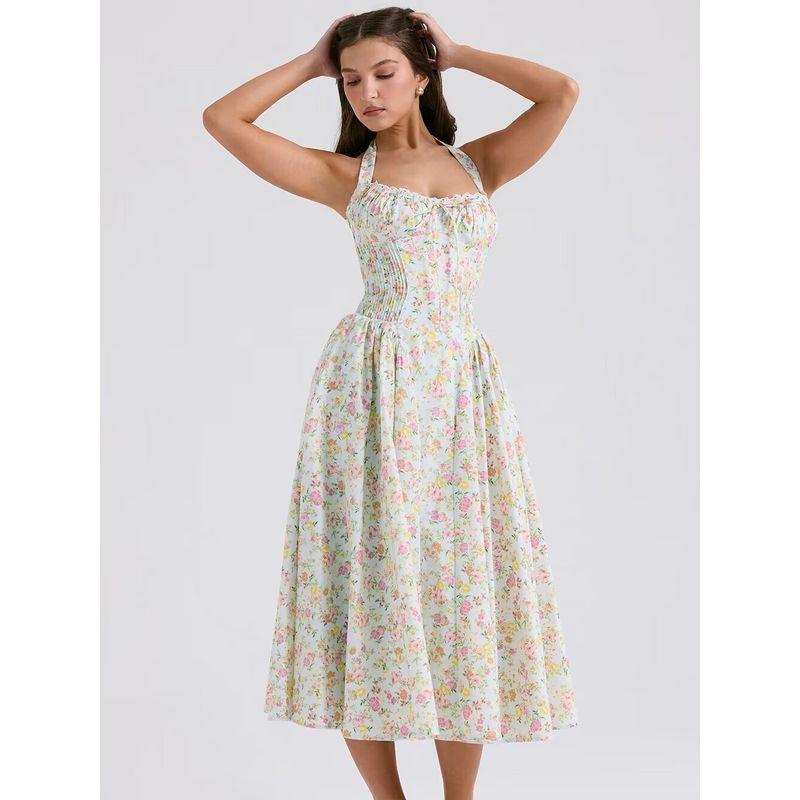 First Date Sense Floral Tight Waist Vacation Seaside Suspender Skirt