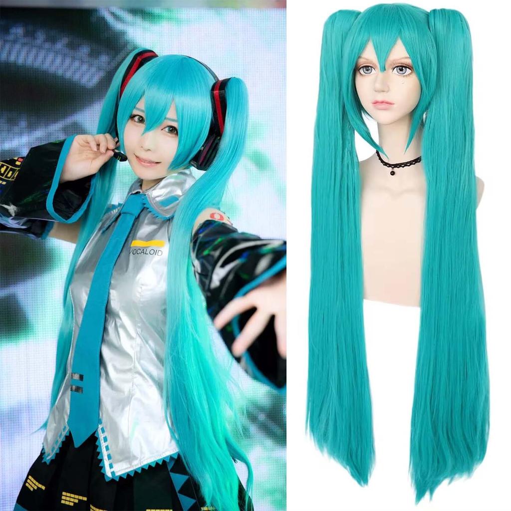 Perucă Sintetică Verde Cosplay Perucă Verde Teal Perucă cu Coadă Dublă Perucă Lungă Verde cu Breton Perucă Dreaptă Perucă Kawaii Perucă Miku