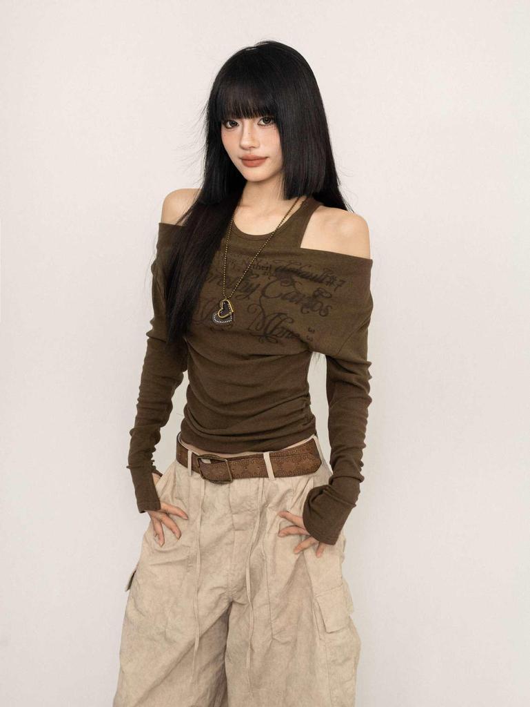 Damen Herbst Retro Ein-Schulter Slim Fit Langarm Oberteil