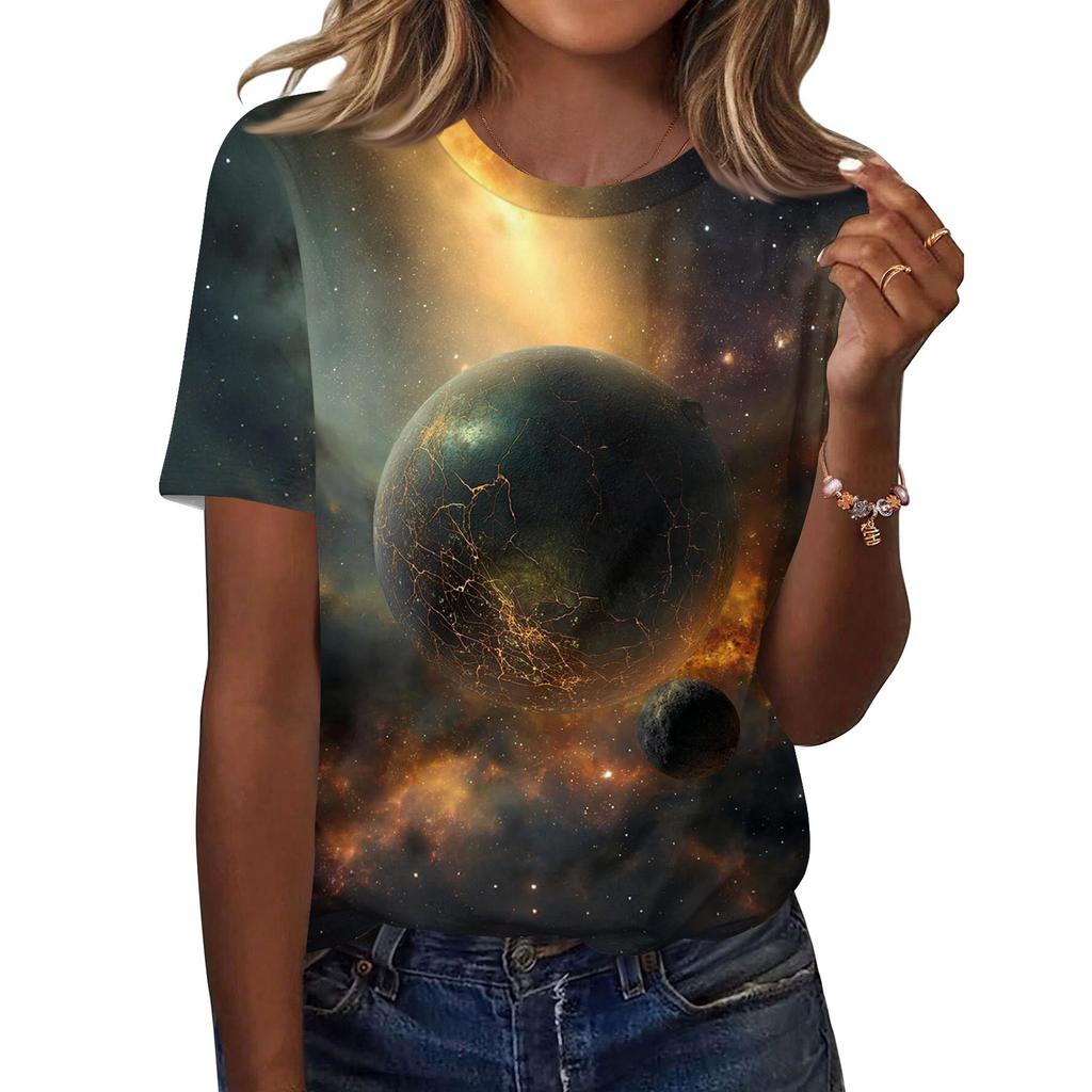 Women's Fashionable Casual Short Sleeve Print Round Neck Pullover Top