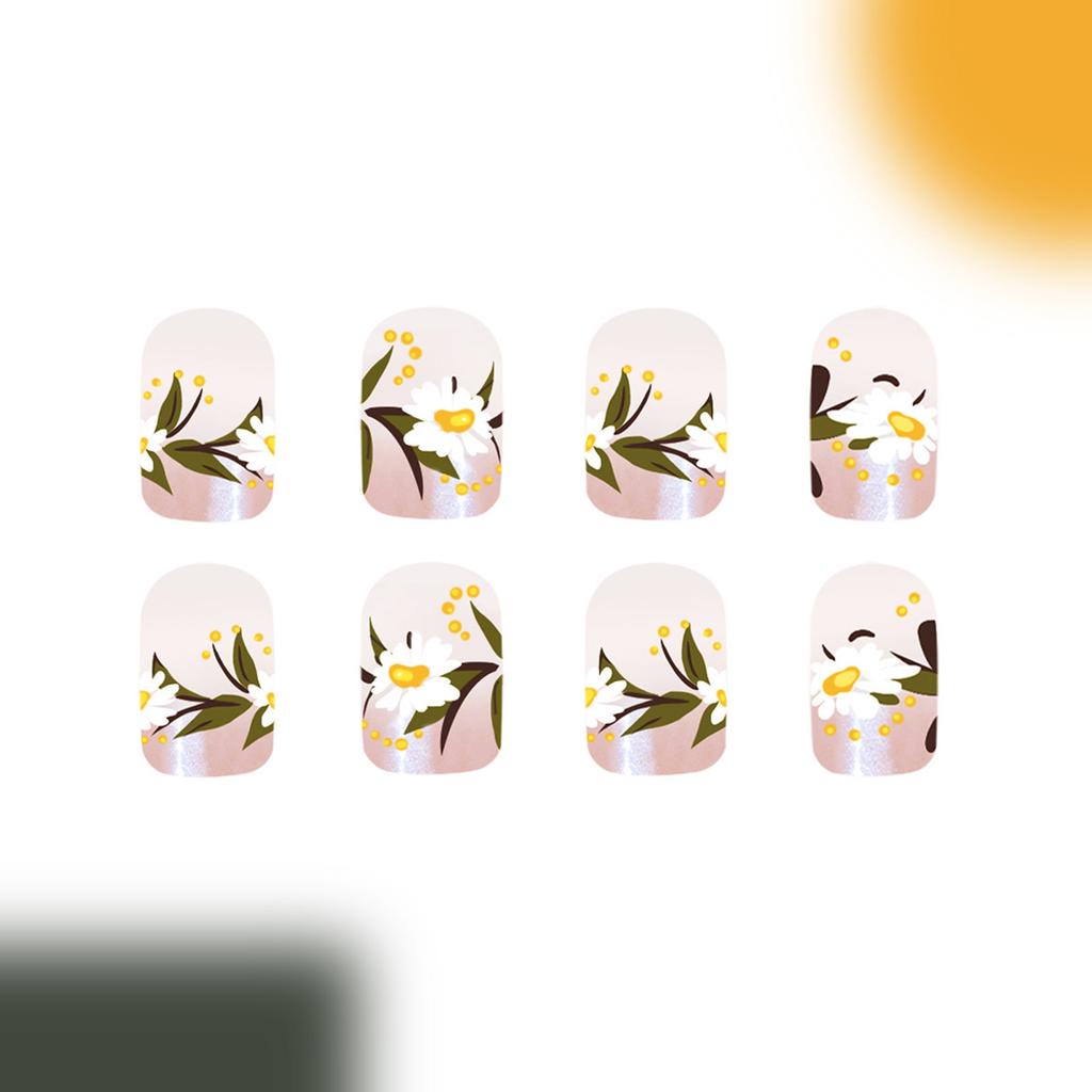 24 Stück French Tip Aufdrücknägel Kurz Quadratisch Falsche Nägel Blumen Acrylnagel Glitzernd Vollabdeckung Aufklebenagel