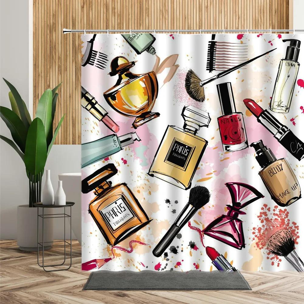 Pink Perfume High Heel Shower Curtain Set Black White Stripes Fashion Girl Woman Bathroom Decor Polyester Bathtub Curtains Hooks