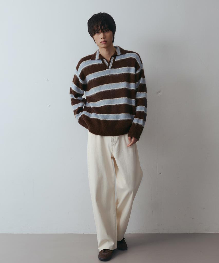 NODU Open Collar Striped Brush Knit [Brown]