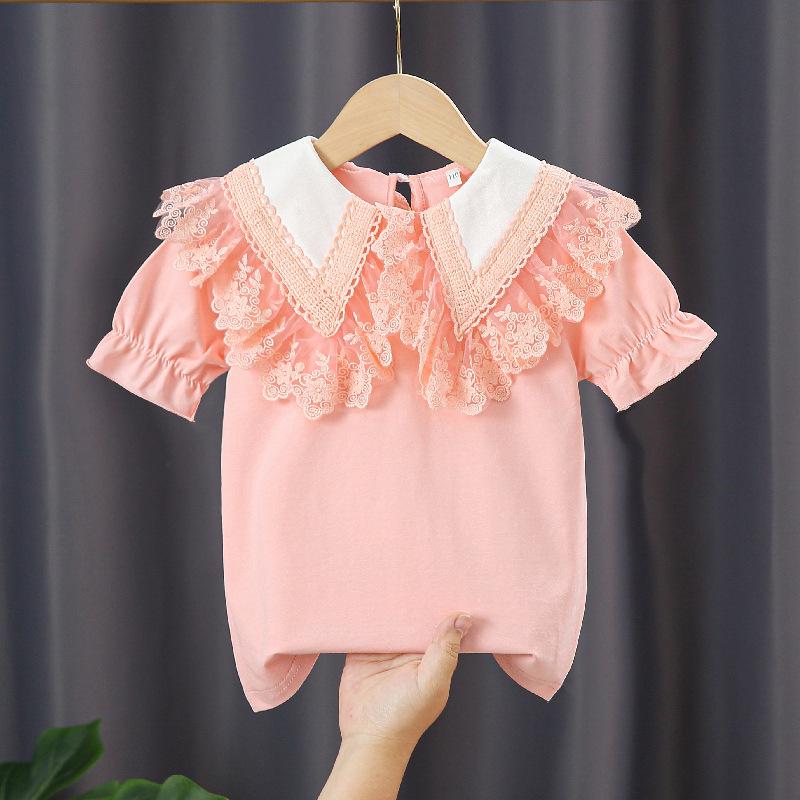 

Модная футболка для девочек с коротким рукавом и кукольным воротником из чистого хлопка - Летняя трендовая футболка для возраста 6+ 130 cm розовый