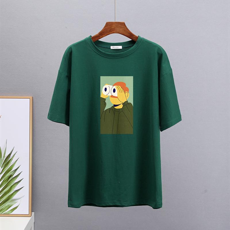 Hirsionsan Nya roliga tecknade T-shirts Kvinnor Kawaii Casual Oversized Tees Par Mjuk bomull O-hals Kvinnliga Grafiska Toppar