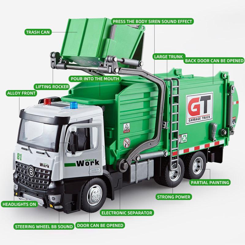 New 1:24 Large Urban Sanitation Vehicles Alloy Metal Diecast Model Car Sound & Light Series Simulation Construction Trucks Toys For Kids