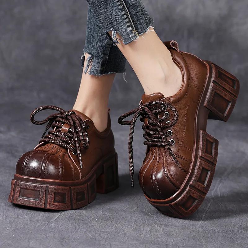 Fashion 7CM New Spring Autumn Women Retro Platform Big Toe Genuine Cow Leather Lace-Up British Style Thick High Heel Casual Single Shoes