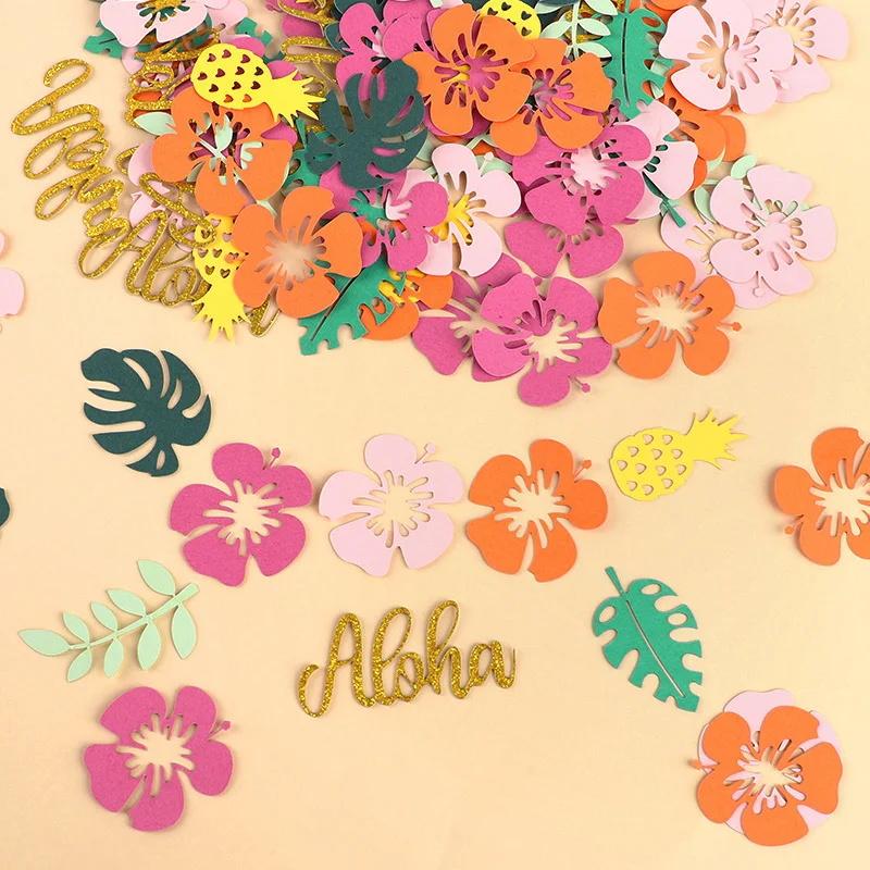 100pcs Hawaiian Table Confetti Luau Summer Birthday Party Decoration Supplies Tropical Flower Palm Leaf Paper Confetti DIY Gift