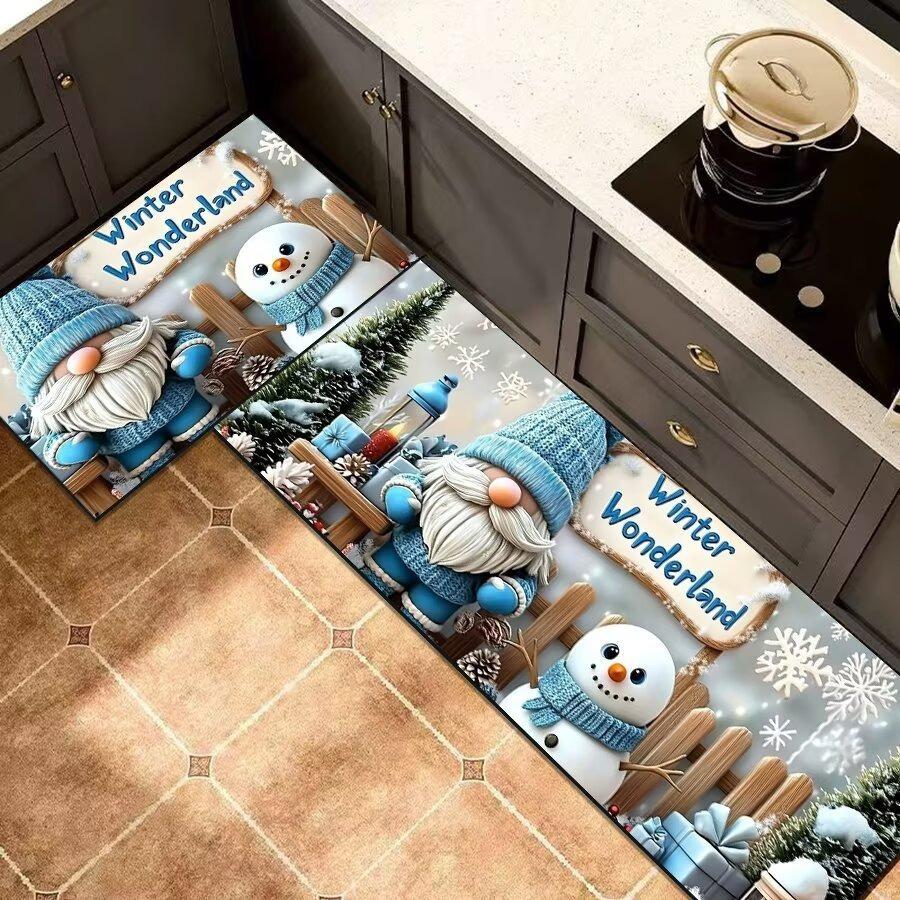 Christmas Santa Kitchen Mat Set, 2-PC Absorbent Non-Slip Floor Rugs for Holiday Decor