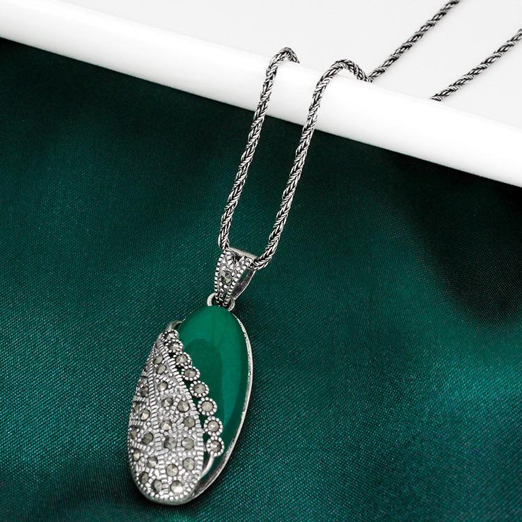 Jade Angel S925 Sterling Silver Chalcedony Cat's Eye Ethnic Retro Pendant Necklace