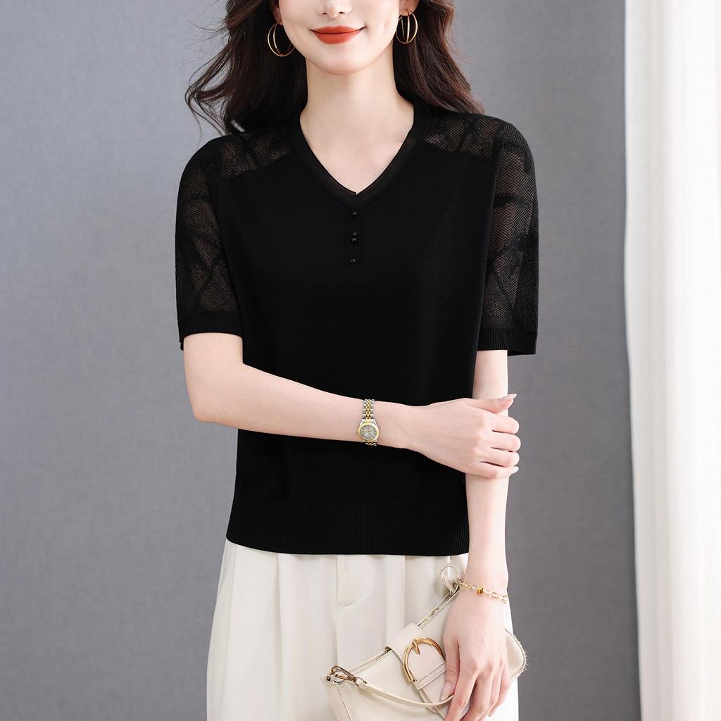 Women's Summer Ice Silk V-Neck Lace Knit T-shirt: Age-Defying, Tummy-Concealing Short Sleeve for Mid-Aged Moms 40s.