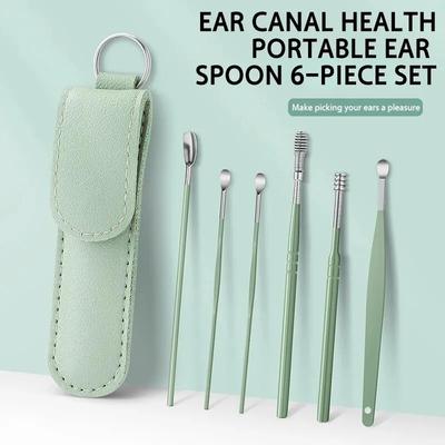 Earspoon Six-piece Ear-picking Tool Carbon Steel Ear-picking Spoon Leather Bag Ear-cleaning Spoon Easy To Carry At Home