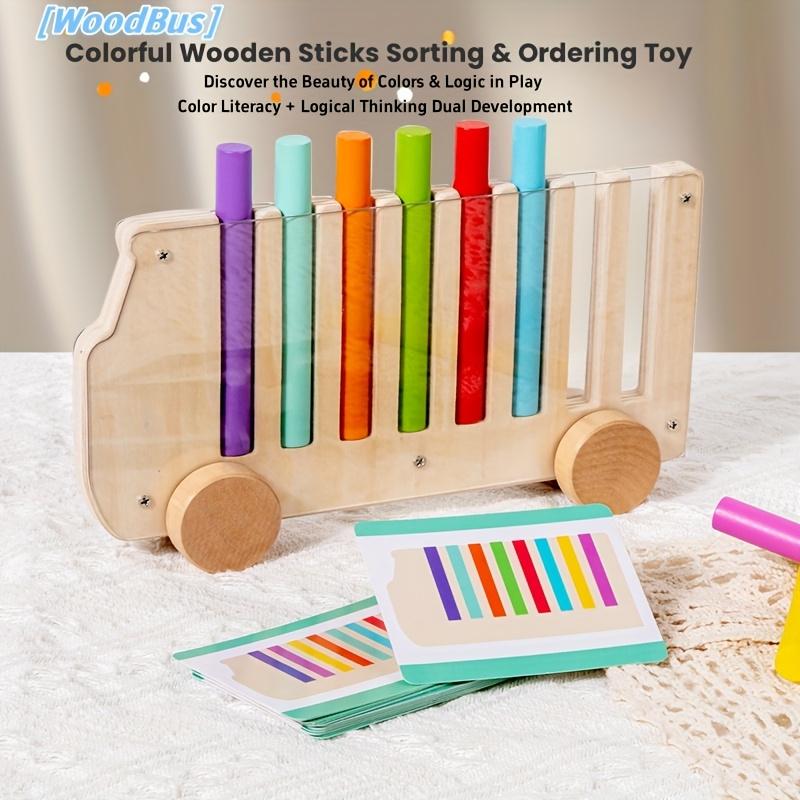 Educational Wooden Toy,Color Sorting Activity Bus Explore Colors and Logical Sorting,Each Color Brick corresponds to a color slot,