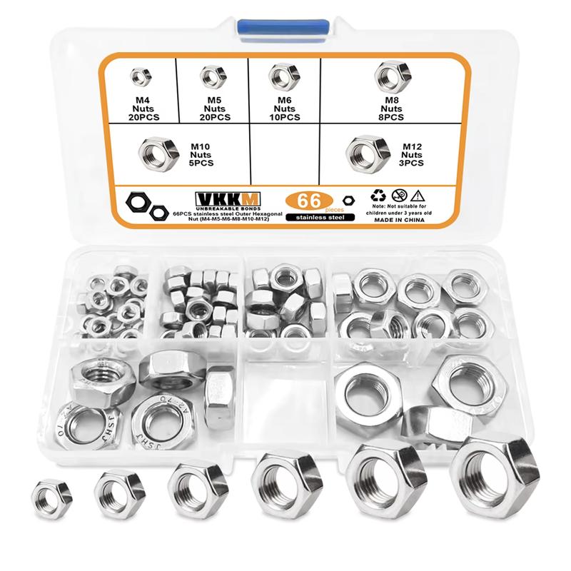 

66 шт. шестигранных гаек M4 M5 M6 M8 M10 M12, метрические, нержавеющая сталь 304, 6 размеров, шестигранные гайки с крупной резьбой