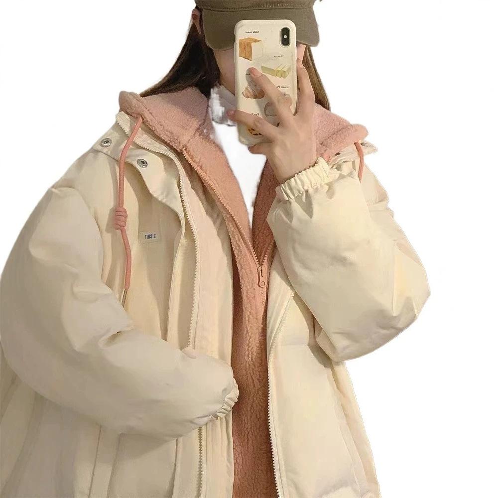Fake two pieces of fluffy pink cotton clothes women's short hooded women's winter thickened cotton clothes lamb wool splicing jacket