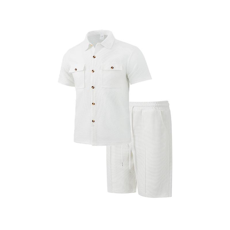 Men S Summer Workwear Short Sleeve Shirt Shorts Loose Waffle Set
