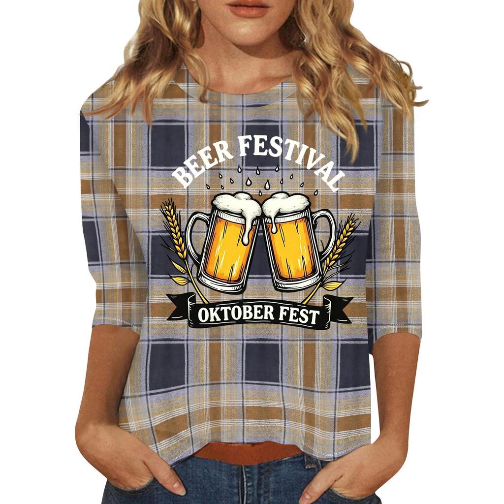 Women's Casual Plaid Three Quarter Sleeve Top Beer Festival Oktober Fest Graphic Print Round Neck Blouse