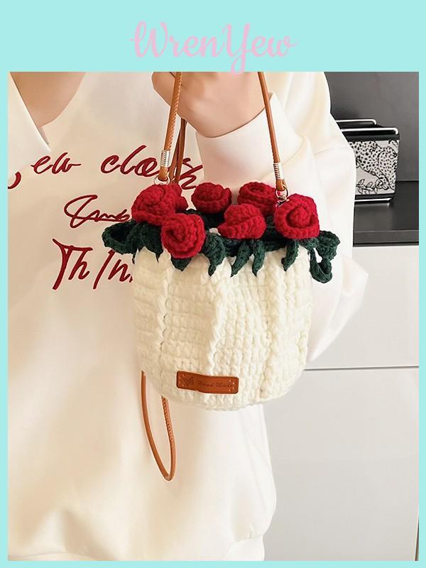 Water Bucket Bag For Women With Knitted Material And Rose Bouquet Design For Daily Use