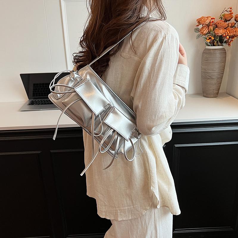 Double Pockets Design PU Leather Shoulder Bags for Women 2024 New Fashion Trend Crossbody Bag Female Silver Handbags