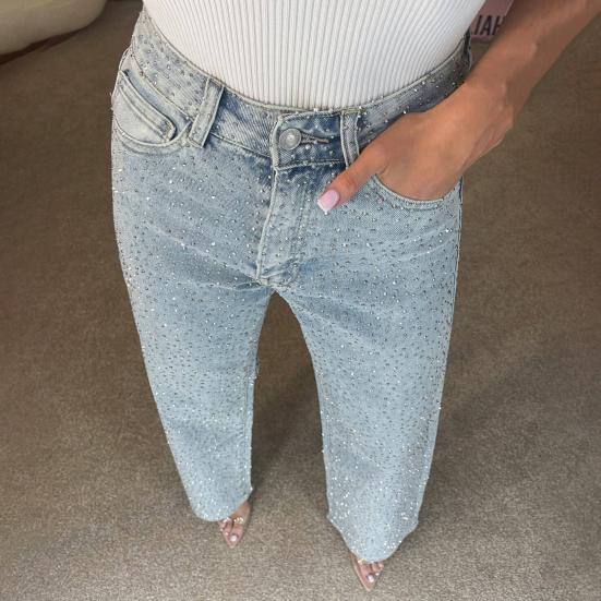 Faux Pearl Jeans for Women High Waist Straight Leg Stretch Denim Pants Casual Wide Leg Beaded Baggy Pants
